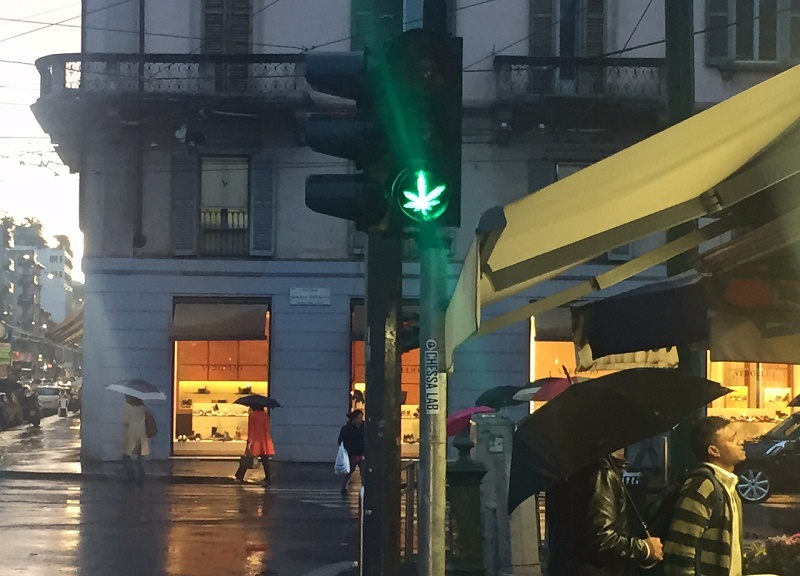 Milano: all'incrocio di piazzale Baracca il semaforo è diventato verde... marijuana. Lo scherzo di qualche buontempone?