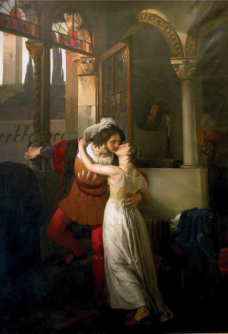 Francesco Hayez 04 L'ultimo bacio dato a Giulietta da Romeo, che obbligato a fuggire sta per scendere dalla finestra; il fondo rappresenta l'alba nascente; la fante trasporta altrove la lucerna; l'architettura ricorda i tempi in cui vissero questi sventurati sposi, 1823 olio su tela, cm 291 x 201,8