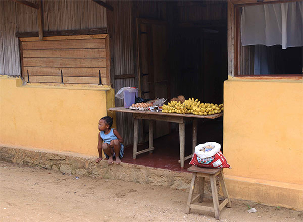 Un negozio di banane, uova e noci di cocco