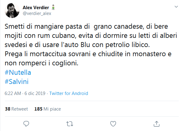 Screenshot 2019 12 06 (1) Alex Verdier 🧘🏻‍♂️ su Twitter Smetti di mangiare pasta di grano canadese, di bere mojiti con ru[...]