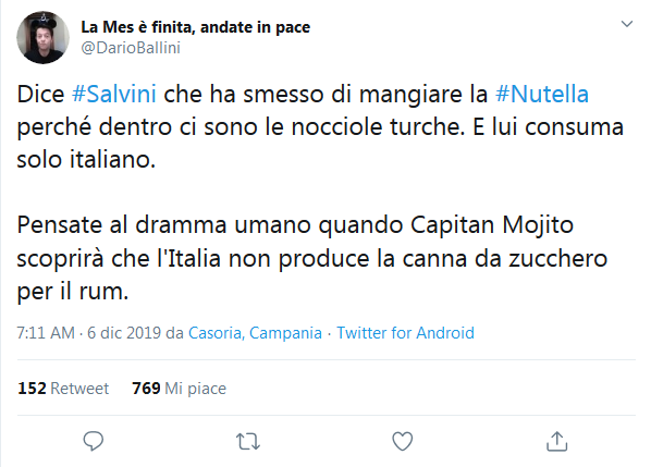 Screenshot 2019 12 06 (1) La Mes è finita, andate in pace su Twitter Dice #Salvini che ha smesso di mangiare la #Nutella pe[...]