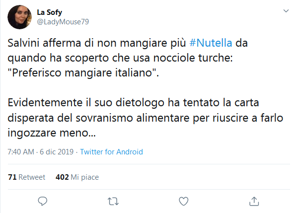 Screenshot 2019 12 06 (1) La Sofy su Twitter Salvini afferma di non mangiare più #Nutella da quando ha scoperto che usa noc[...]