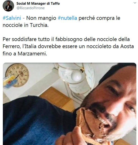 Screenshot 2019 12 06 (1) Social M Manager di Taffo su Twitter #Salvini   Non mangio #nutella perché compra le nocciole in [...]