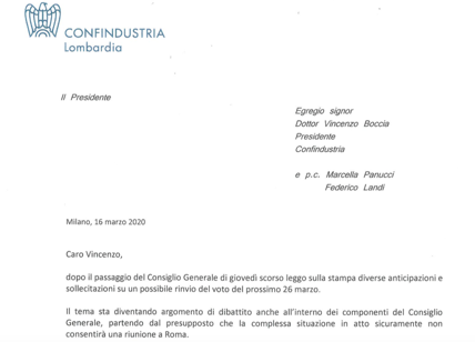 Confindustria Lombardia scrive a Boccia:no rinvio dell'elezione del presidente