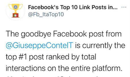 Conte, al post di commiato il più alto numero di interazioni su tutta Facebook