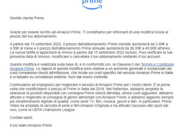 Prime aumenta il prezzo dell'abbonamento da 36 a 49,90 euro