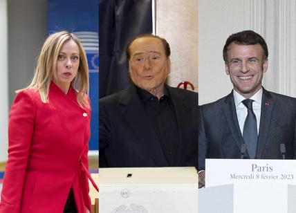 Meloni e Berlusconi, scambio di ruoli. La leader di Fdi tiene testa a Macron