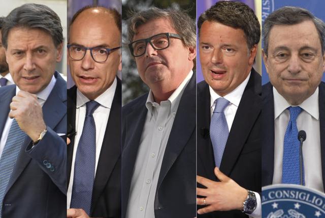 Giuseppe Conte, Enrico Letta, Carlo Calenda, Matteo Renzi e Mario Draghi