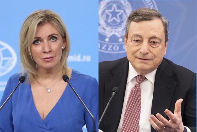 La portavoce del ministero degli Esteri russo Marija Zacharova e il Presidente del Consiglio italiano Mario Draghi