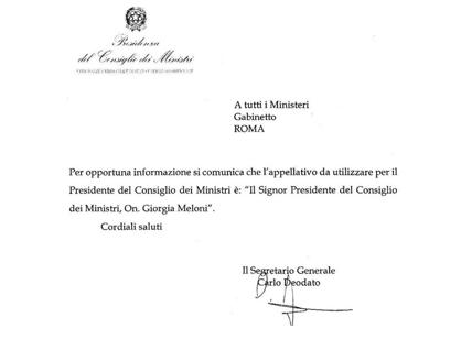 Meloni va chiamata “Signor presidente”, comunicazione ufficiale di P. Chigi