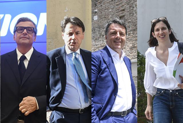 da destra a sinistra: Carlo Calenda, Giuseppe Conte, Matteo Renzi, Elly Schlein