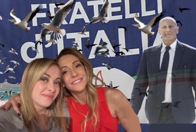 A sinistra Giorgia e Arianna Meloni; a destra Fabio Rampelli