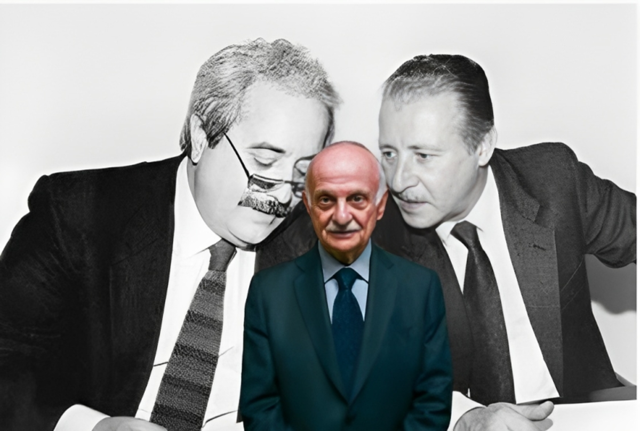 Giovanni Falcone e Paolo Borsellino sullo sfondo e il Generale Mario Mori in primo piano