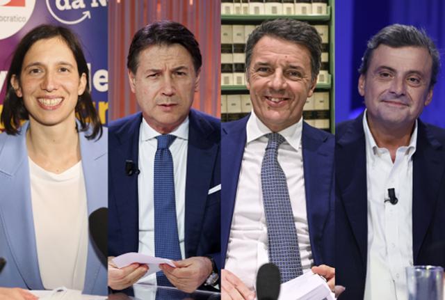 da sinistra a destra: Elly Schlein, Giuseppe Conte, Matteo Renzi, Carlo Calenda