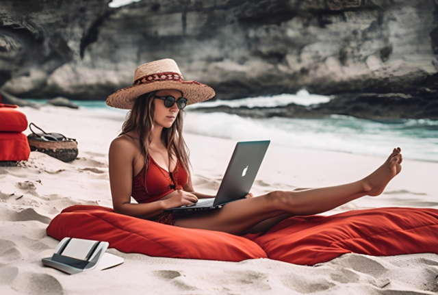 ragazza lavora in spiaggia