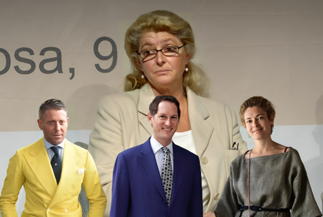 sullo sfondo Margherita Agnelli in primo piano  Lapo , John Elkann e  Ginevra Elkann