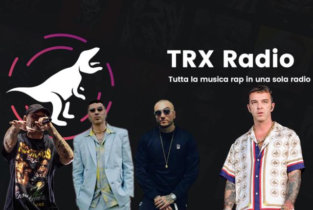 Marracash, Fabri Fibra, Salmo e Guè, sullo sfondo il logo di TRX Radio