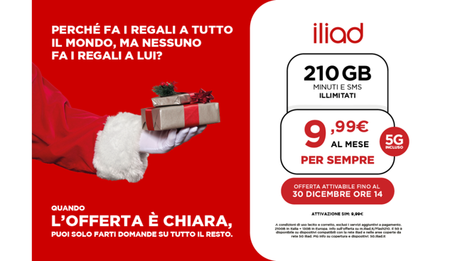 Iliad celebra il Natale con l'offerta FLASH 210 da 9,99 euro al mese