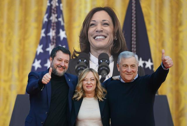 Sullo sfondo Kamala Harris davanti Matteo Salvini, Giorgia Meloni e Antonio Tajani