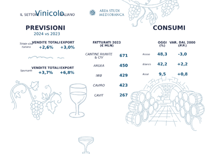 Mediobanca, previsioni 2024 settore vinicolo: vendite in aumento del 2,6%