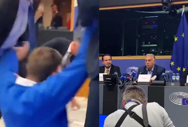 Orbán aggredito durante una conferenza stampa al Parlamento europeo: un manifestante gli si scaglia addosso. Il video virale