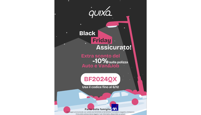 AXA Italia, QUIXA: per il Black Friday sconto del 10% sulla polizza RC Auto o Furgone