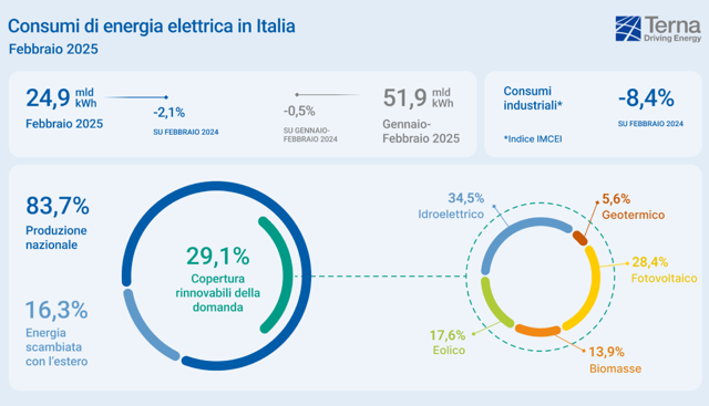 Terna: cresciuti dello 0,6% i consumi elettrici a febbraio, in calo eolico e carbone