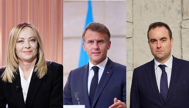 Giorgia Meloni, Emmanuel Macron e Sebastien Lecornu Giorgia Meloni, Emmanuel Macron e Sebastien Lecornu